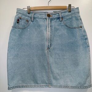 Vintage Gitano Jeanswear Y2K Light Wash Denim Mini Skirt Size16 Short with Flag